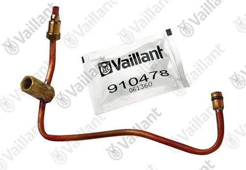 Kupferne Steuerleitung von Vaillant mit verschiedenen Anschlussstücken und einer beiliegenden Verpackung, die eine Artikelnummer enthält.